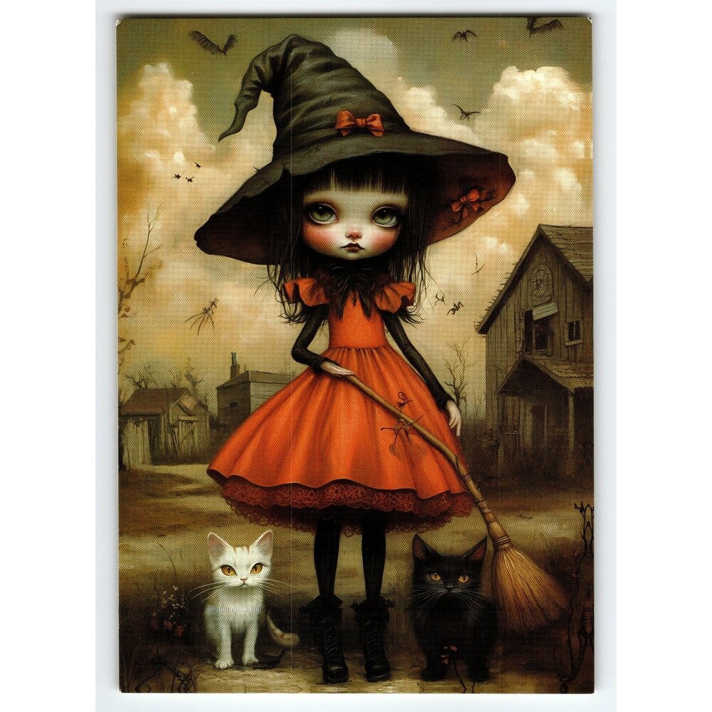 Charming Halloween Witch Girl with Cats Vintage Photochrome Postcard